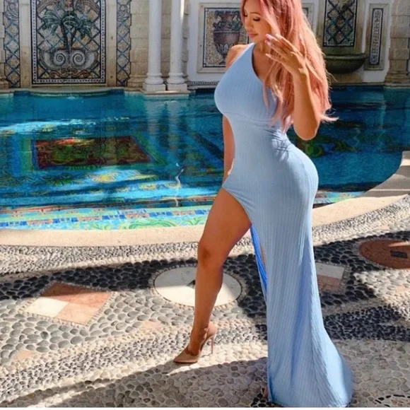 Blue shoulder high slit maxi dress - small - Picture 2 of 6